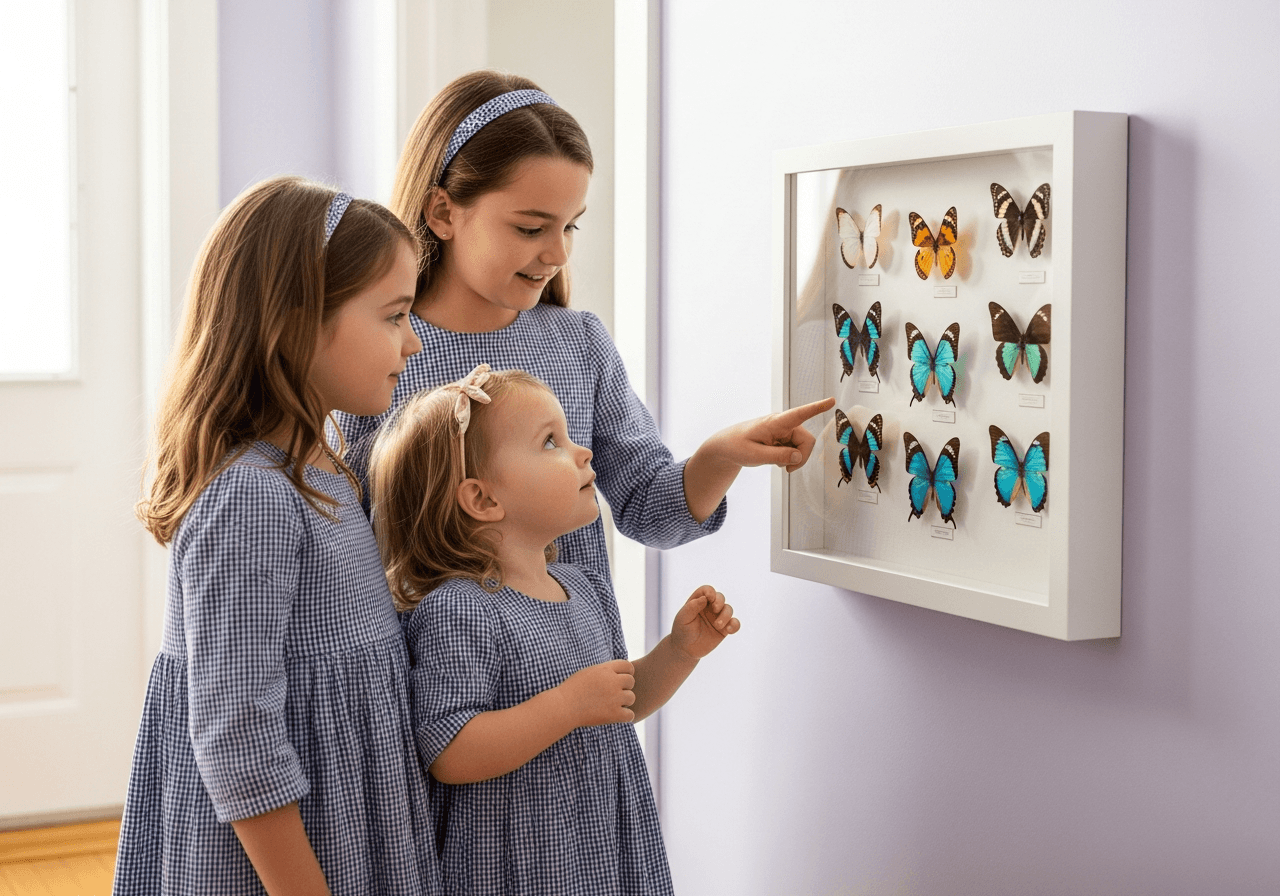 Two young sisters in matching dresses standing together in bright hallway looking at Ultra Deep Bright White shadow box frame mounted at eye level containing preserved colorful butterflies on white museum board on lavender wall