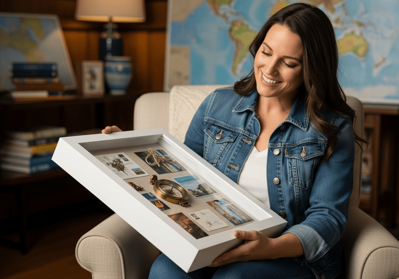 Smiling woman in denim jacket sitting in cozy armchair holding Ultra Deep Bright White shadow box frame containing travel keepsakes including vintage compass postcards and souvenirs on natural linen backing