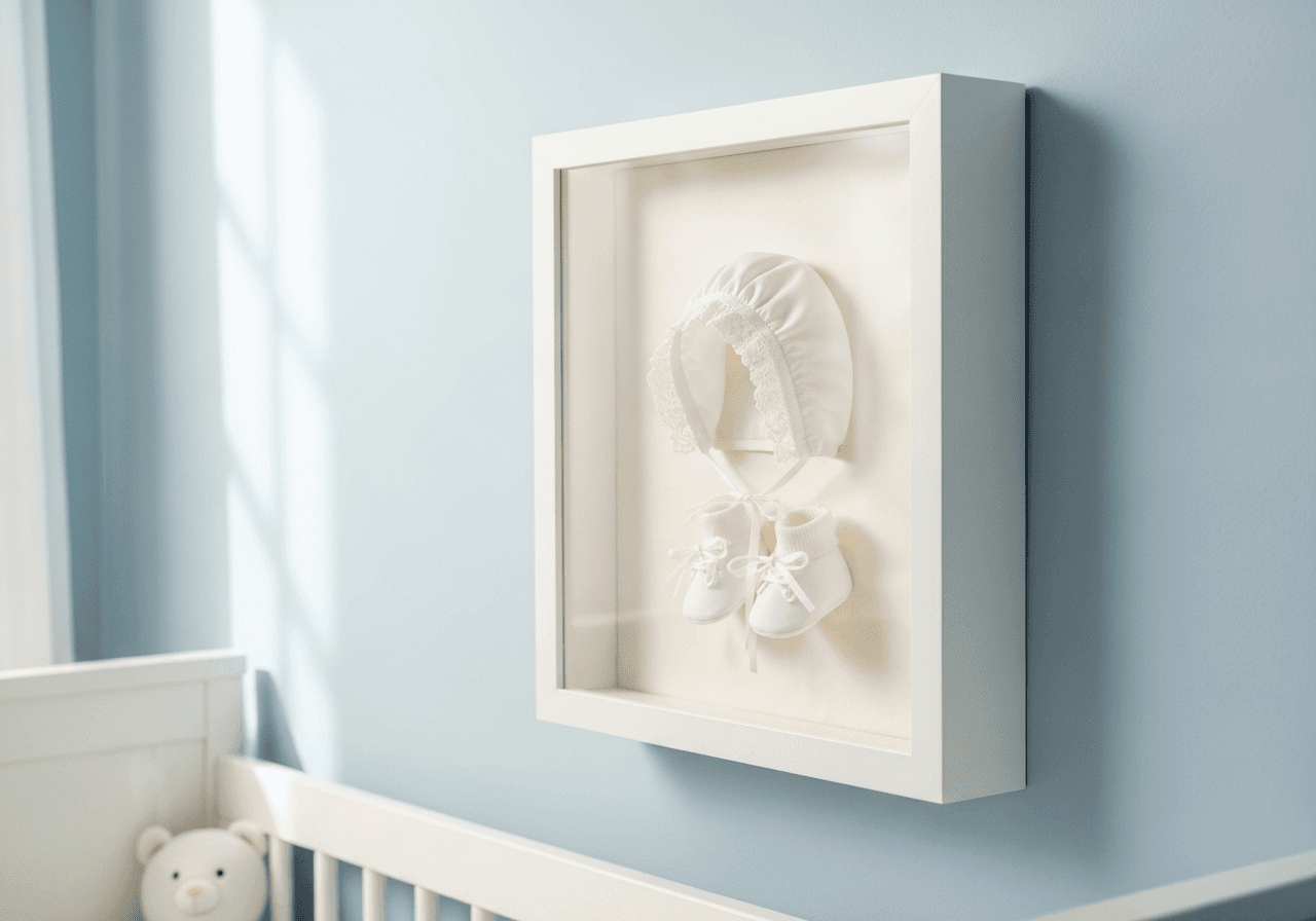 Ultra Deep Bright White shadow box frame on pale blue nursery wall displaying delicate white christening bonnet and tiny booties on cream silk backing with gentle diffused daylight and white crib in background