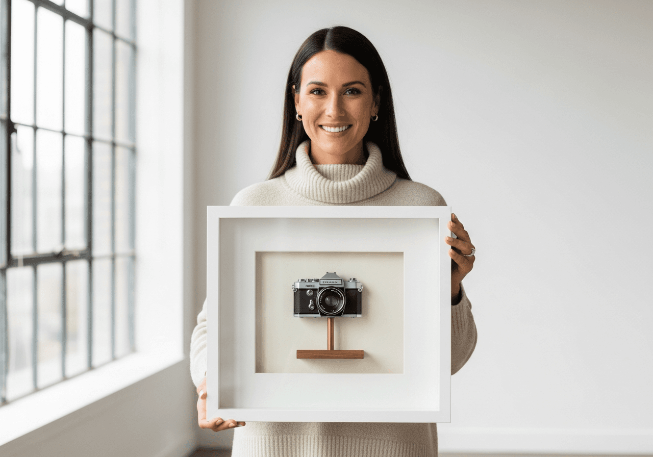 Smiling woman in cream turtleneck sweater holding Ultra Deep Bright White shadow box frame at chest height containing vintage film camera on wooden stand against cream backing in bright modern studio apartment