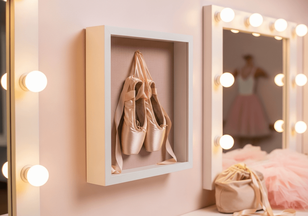 Ultra Deep Bright White shadow box frame on light pink wall displaying worn pink satin ballet pointe shoes with ribbons on blush linen backing in dance studio dressing room with soft vanity mirror light