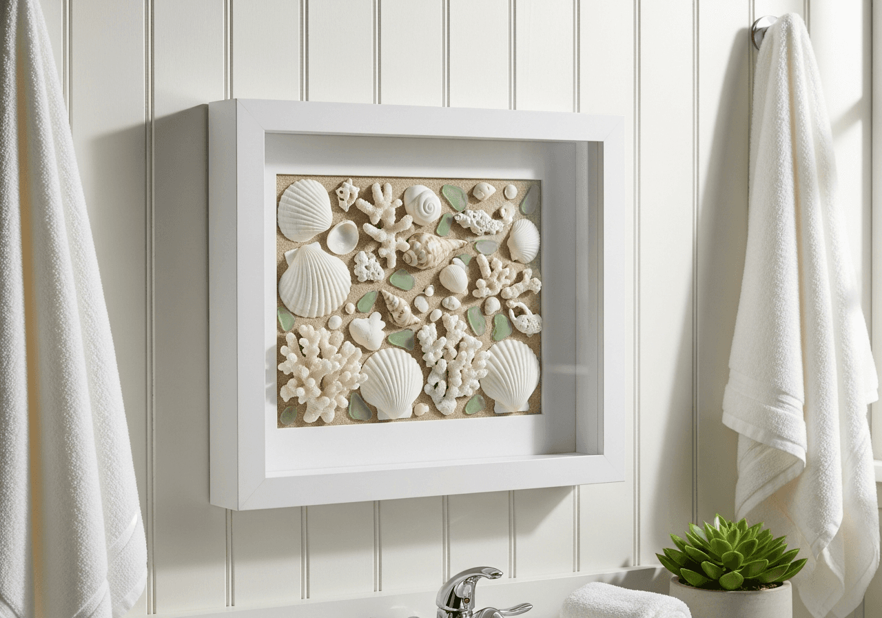 Ultra Deep Bright White shadow box frame on white beadboard wall displaying collection of white and cream seashells coral and sea glass on natural sand backing in coastal cottage bathroom with bright natural light