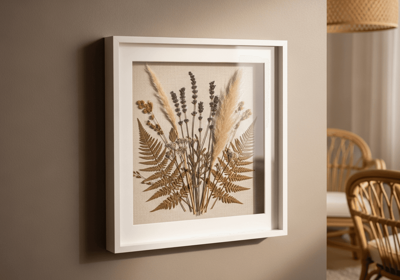 Ultra Deep Bright White shadow box frame on warm taupe wall displaying pressed and dried wildflowers including lavender pampas grass and dried fern fronds on natural linen backing in modern bohemian living room