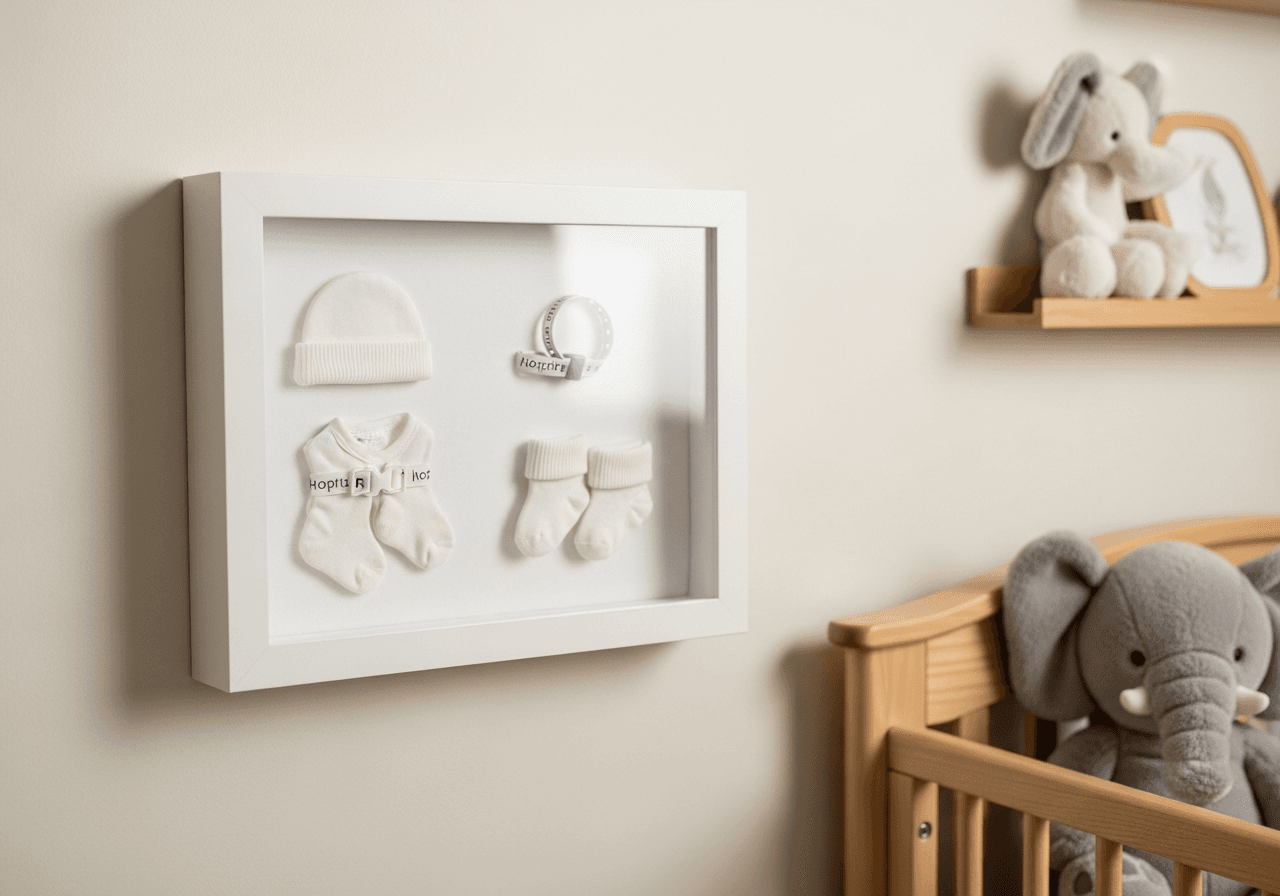 Ultra Deep Bright White shadow box frame on warm white nursery wall displaying tiny newborn hospital outfit including knit cap first socks and hospital bracelet on soft white cotton backing with gentle natural light