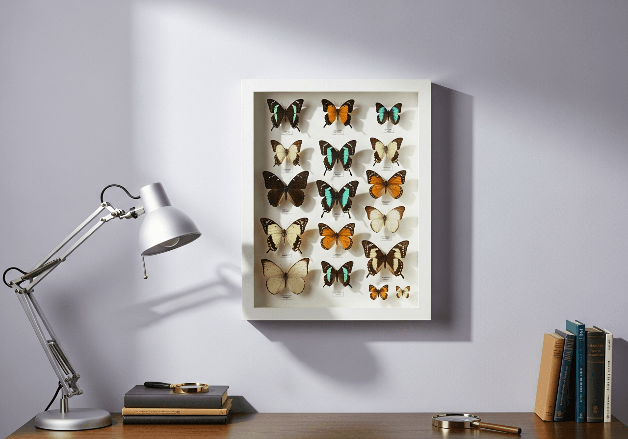 Ultra Deep Bright White shadow box frame on light lavender wall displaying curated preserved butterfly specimens in various sizes and colors pinned to white museum board backing in study with clean natural light