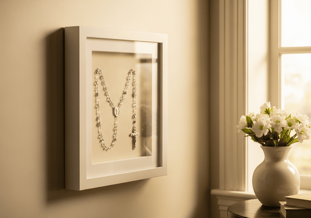 Ultra Deep Bright White shadow box frame on warm ivory wall displaying crystal rosary and small silver cross on cream velvet backing in quiet sitting room with soft warm window light and white flowers nearby