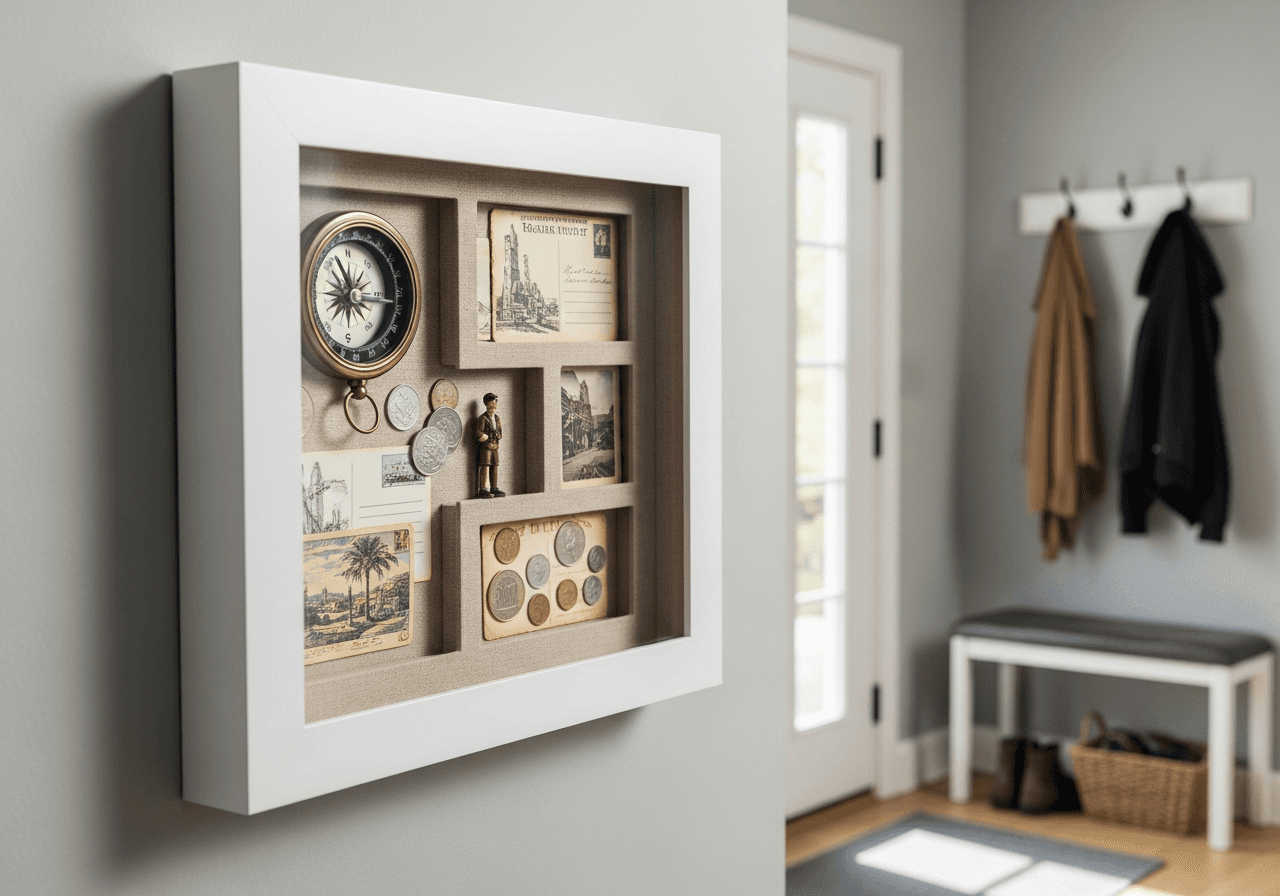 Ultra Deep Bright White shadow box frame on light gray wall displaying curated travel keepsakes including vintage compass old postcards small figurine and foreign coins on natural linen backing in modern home entryway