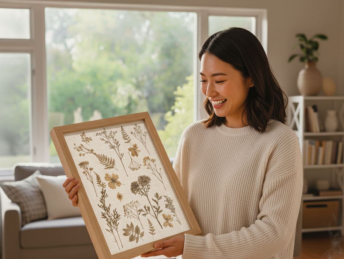 Entomologist displaying emerald green beetle insect specimen in natural wood shadowbox frame for scientific collection