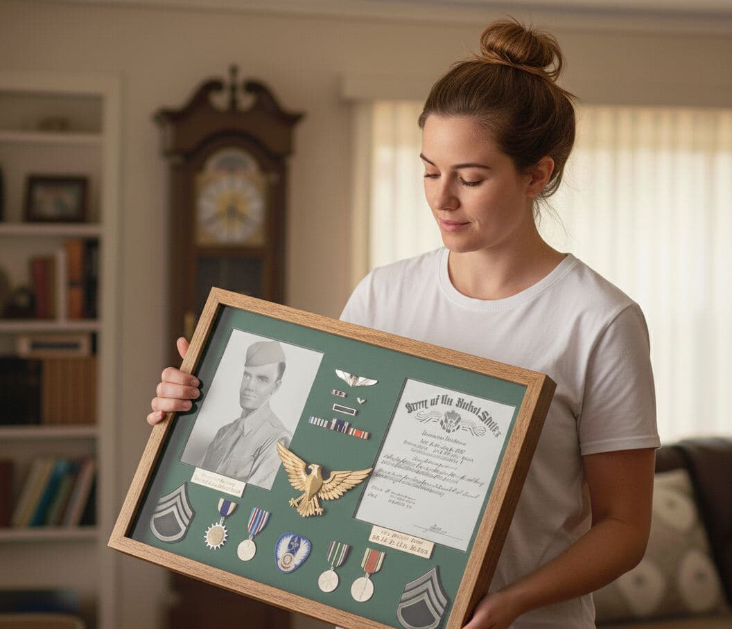 Military memorabilia shadowbox with service flag, medals, patches, and photo displayed in natural wood frame