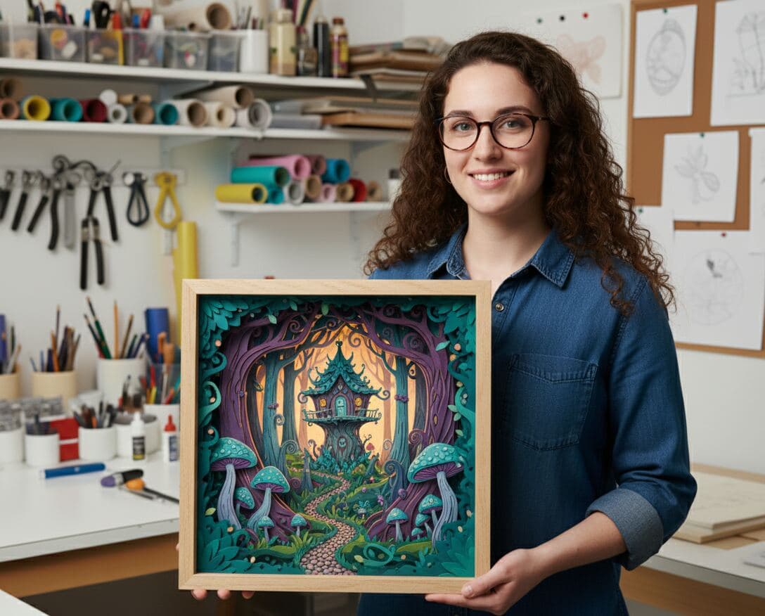 Woman holding pressed botanical specimens with leaves, ferns, and flowers in natural wood shadowbox frame