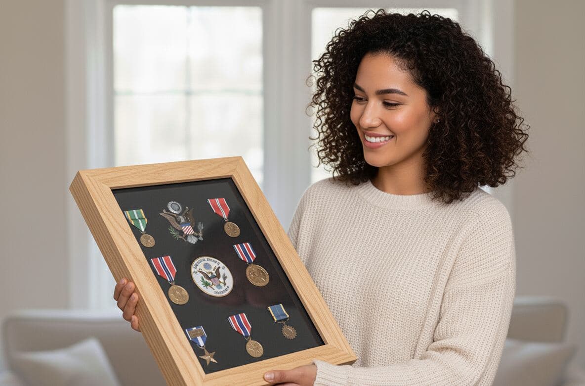 Layered paper cut art mushroom fantasy scene with vibrant colors in natural wood frame with white matting