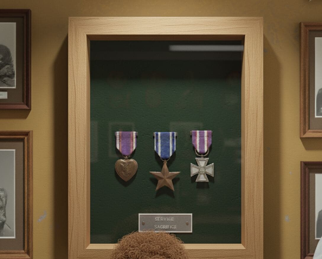 Military valor medals display with Purple Heart, Bronze Star, and cross on green velvet in natural wood frame