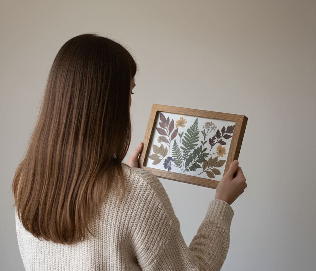 Woman admiring pressed botanical leaf and flower specimens arranged in natural wood shadowbox frame on wall