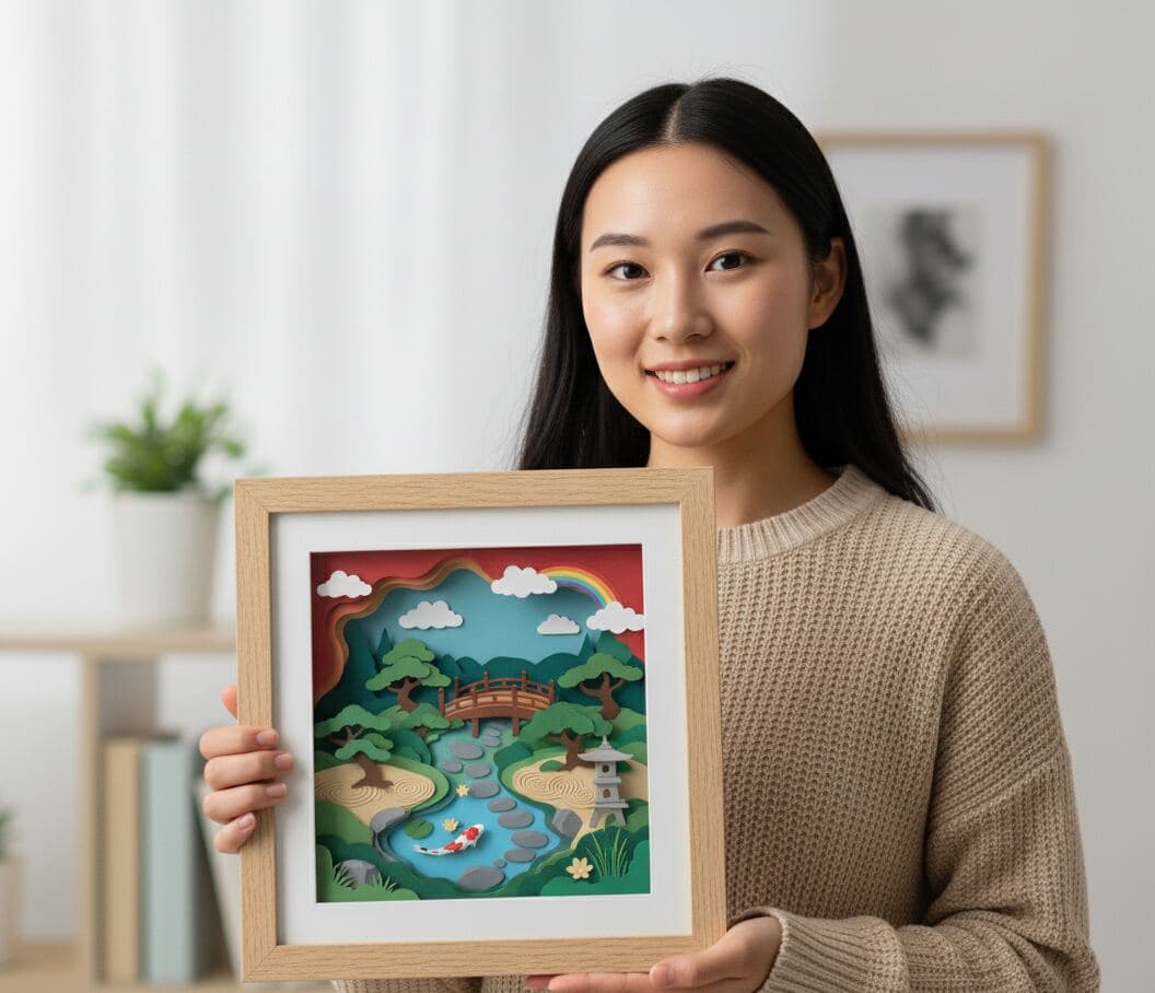 Woman holding layered paper art Japanese zen garden with koi pond in natural wood shadowbox with white mat