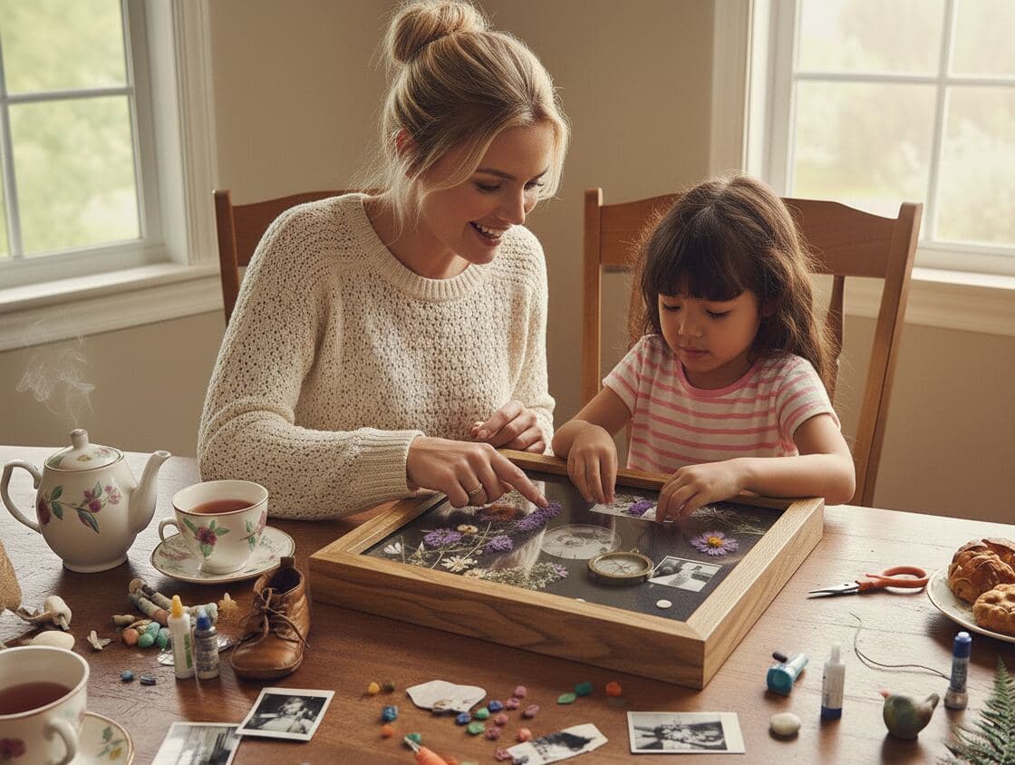 Mother and daughter creating memory shadowbox together with pressed flowers, photos, and family keepsakes at table