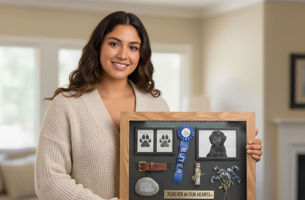 Woman displaying pet memorial shadowbox with paw prints, photo, blue ribbon, and Forever in Our Hearts message