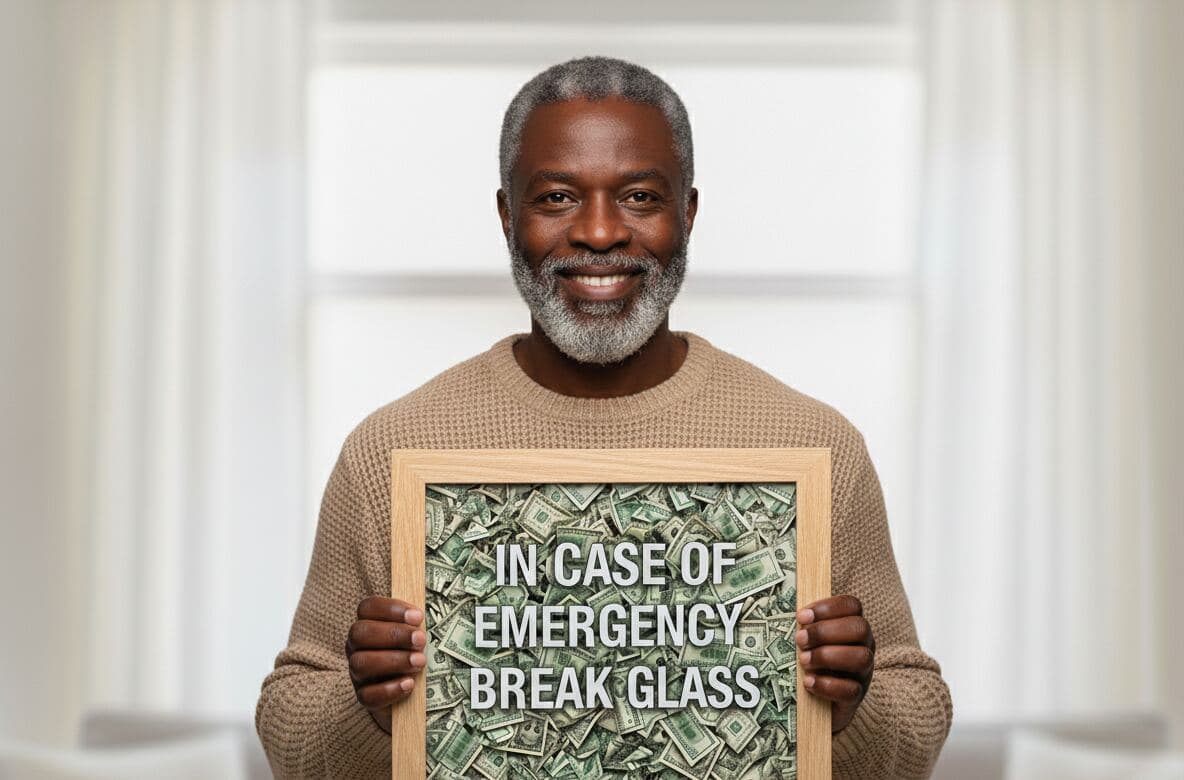 Man displaying humorous In Case of Emergency Break Glass cash money shadowbox in natural wood frame for gift
