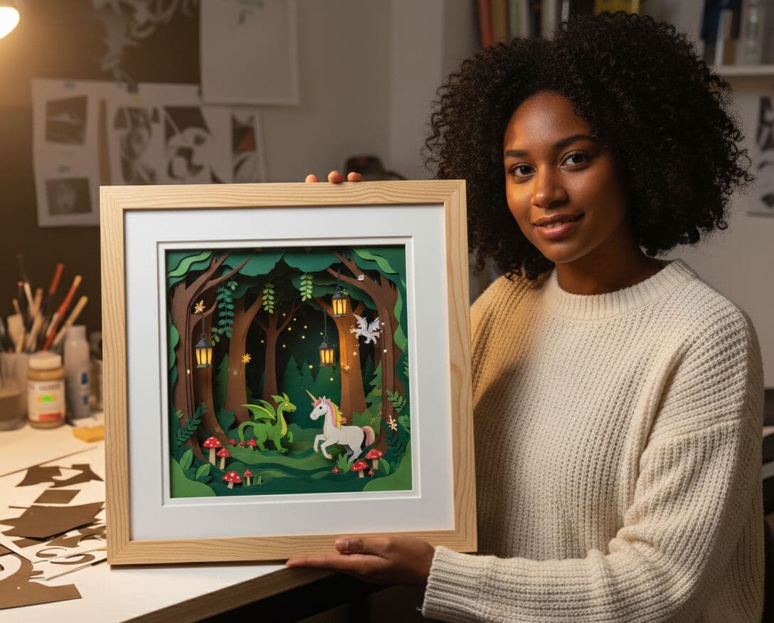 Artist holding layered paper cut fantasy forest scene with unicorn and dragon in natural wood shadowbox frame