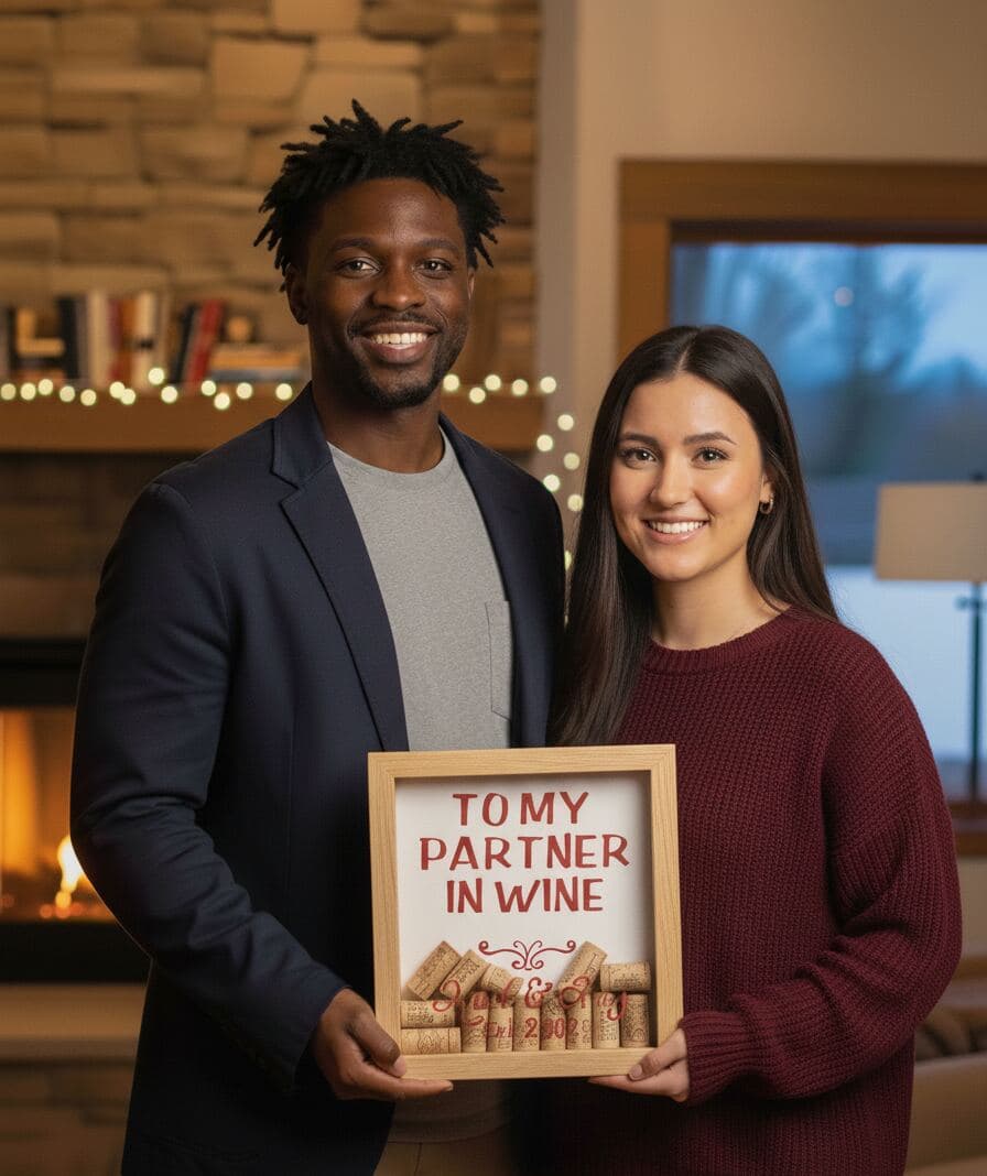 Couple holding wine cork collection shadowbox with To My Partner in Wine romantic message for anniversary gift