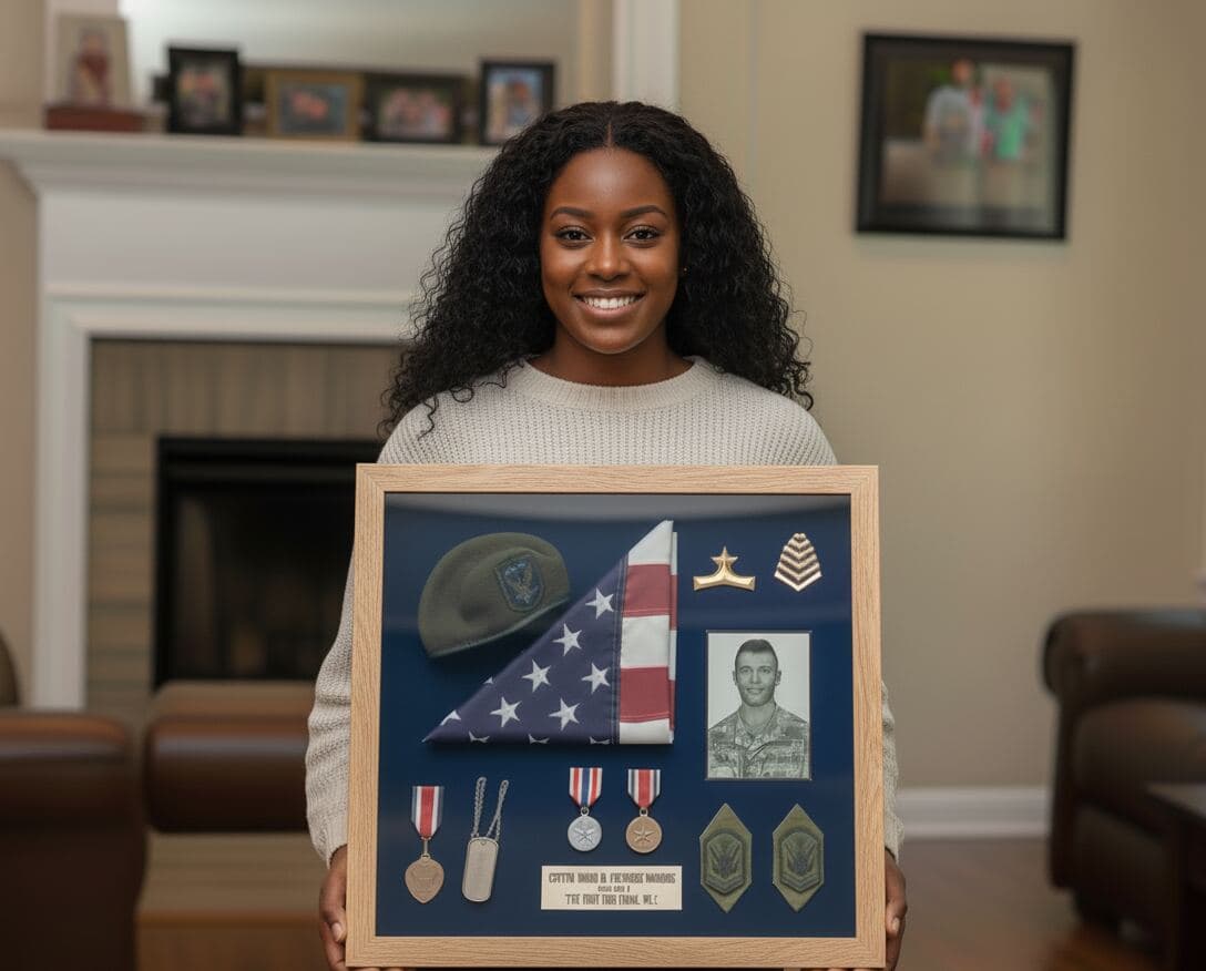 Family member displaying military tribute shadowbox with folded flag, medals, and service memorabilia in natural wood