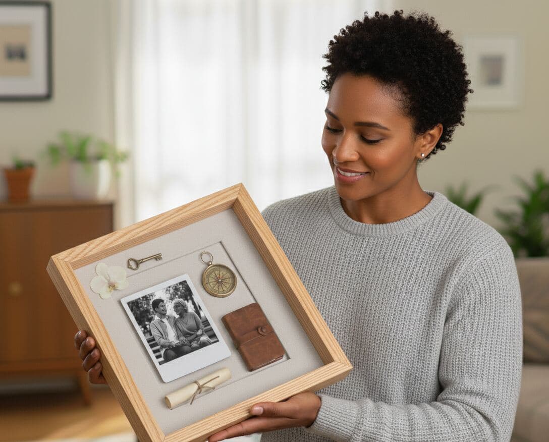 Woman admiring family heirloom shadowbox with vintage photos, compass, skeleton key, and treasured keepsakes