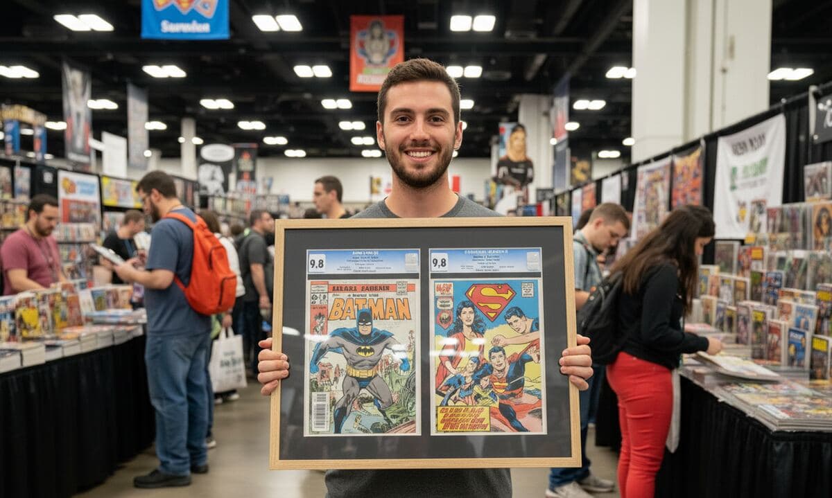 Comic book collector at convention displaying CGC graded Batman and Superman comics in natural wood shadowbox
