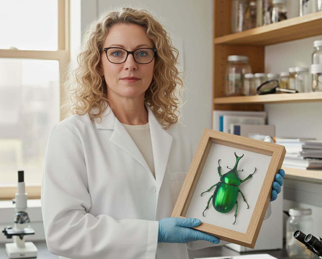 Lab scientist displaying emerald beetle insect specimen in natural wood shadowbox frame for entomology collection