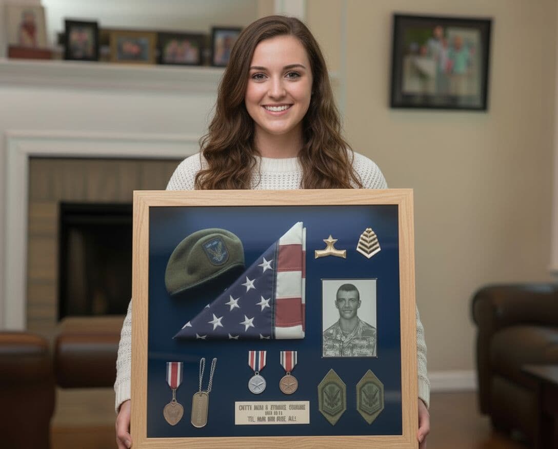 Woman holding military service shadowbox with folded flag, uniform beret, medals, and memorial plaque tribute