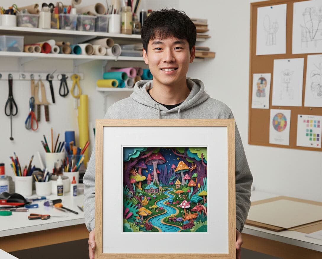Artist holding colorful layered paper cut mushroom fantasy art in natural wood shadowbox frame with white matting