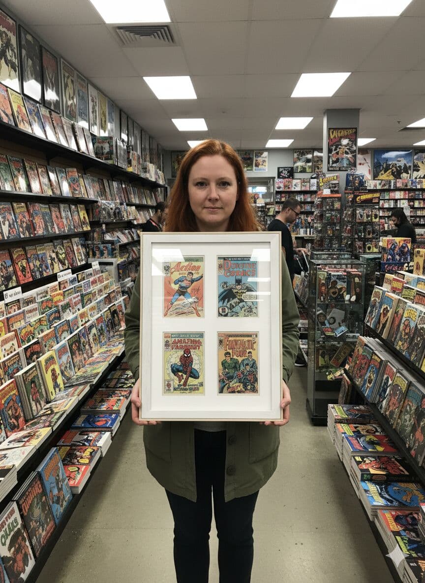 Woman in comic book store displaying vintage superhero comic covers in white shadowbox frame
