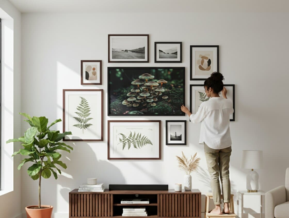 Close-up of person holding small Wide Black frame displaying beach photograph seated on neutral sofa demonstrating elegant black finish for personal memories