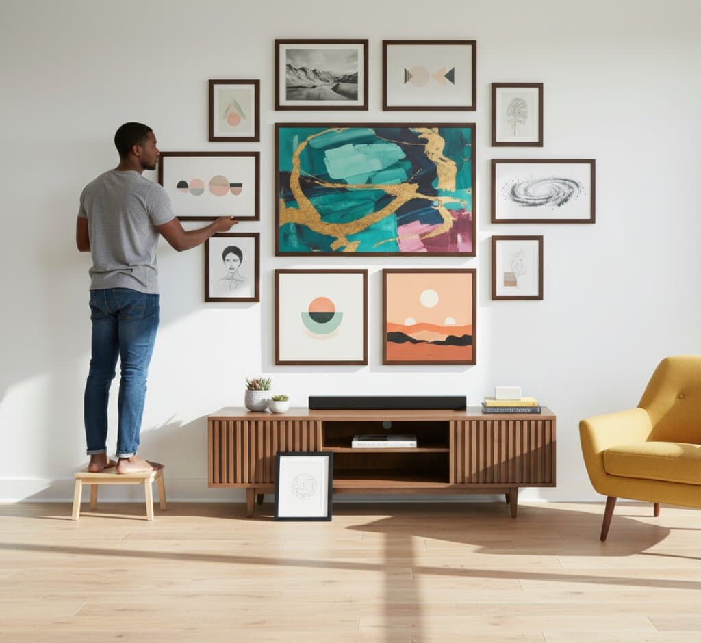 Hand holding Wide Black frame with painting of Venice colorful canal scene hung on white wall with natural light demonstrating classic wide profile for fine art