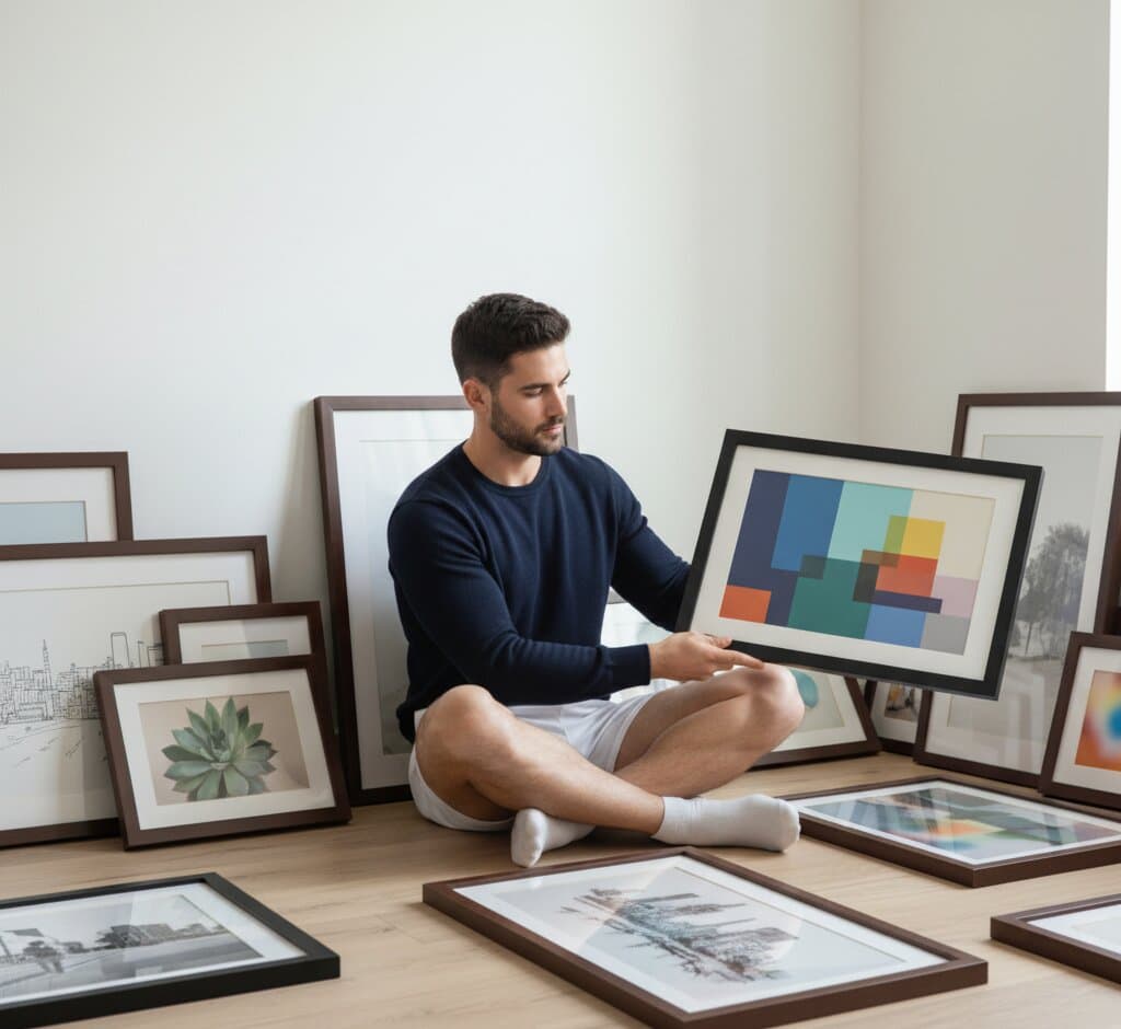 Man on stool adjusting gallery wall featuring Wide Black frames with abstract art landscapes and modern line drawings in minimalist living space demonstrating professional gallery styling