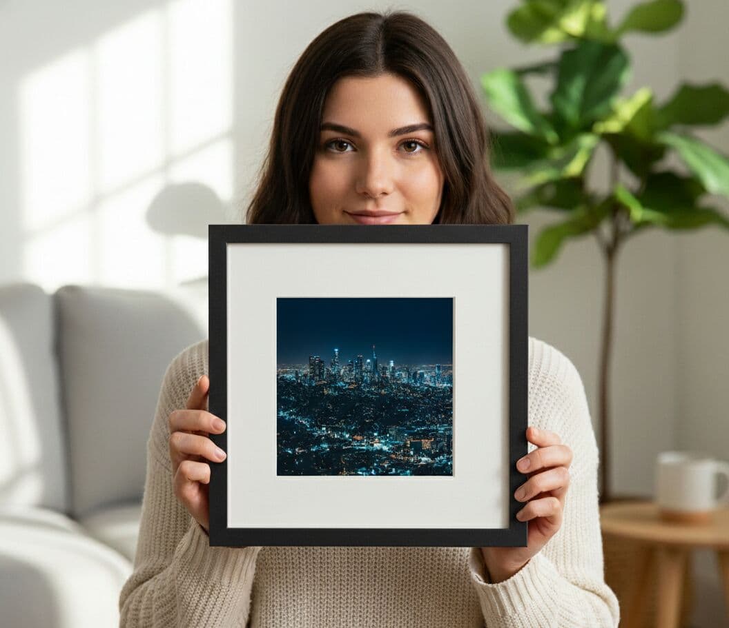 Wide Black Frame held by person showing cityscape photograph with white mat demonstrating personal picture framing presentation