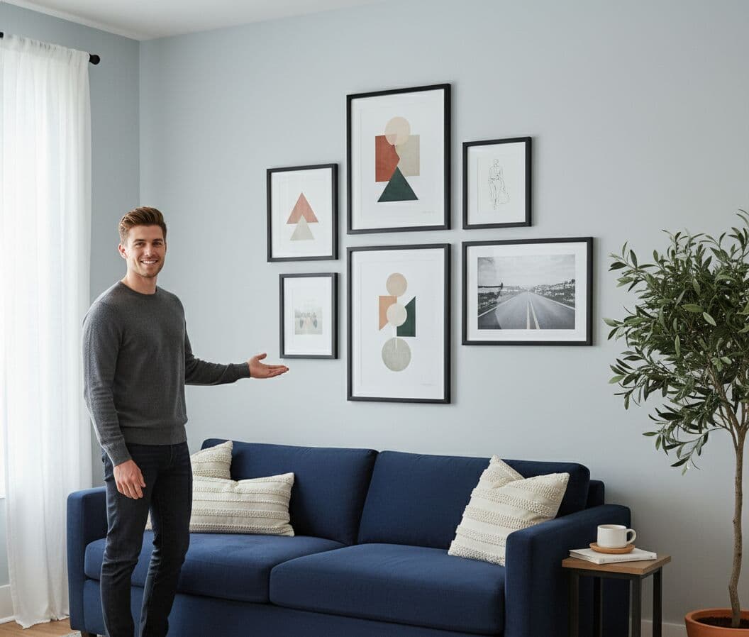 Wide Black frames in curated gallery wall displaying geometric prints and landscape photography in modern interior setting with navy sofa