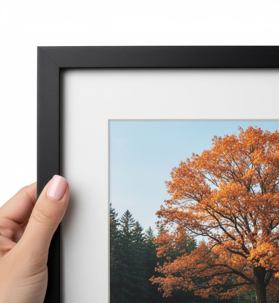 Wide Black Frame corner detail close-up showing autumn tree photograph with white mat highlighting precision moulding craftsmanship