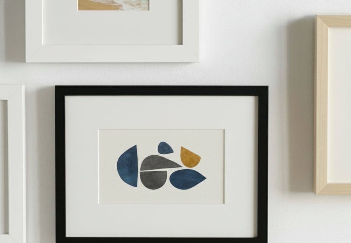 Wide Black Frame displaying abstract geometric artwork with white mat demonstrating clean lines and contemporary styling on neutral wall