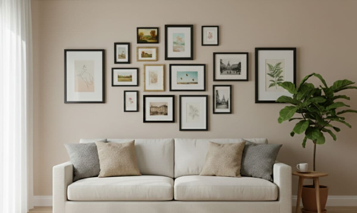 Wide Black Frame in expansive gallery wall arrangement mixing black frames with botanical prints and landscape artwork creating cohesive display