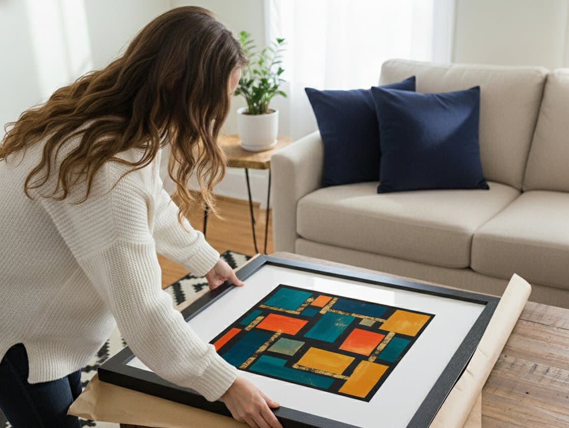 Man sitting on floor surrounded by artwork holding Wide Black frame with abstract geometric print in bright modern room demonstrating versatile contemporary styling