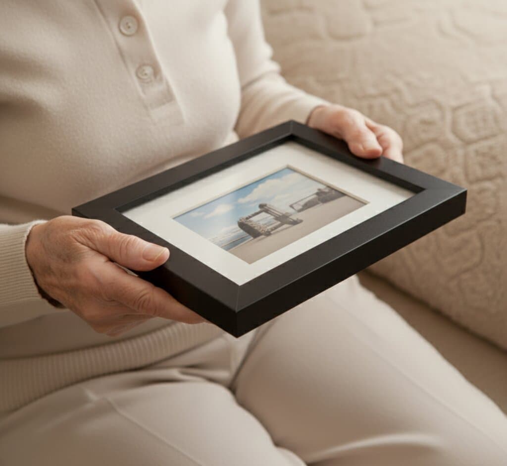 Woman unpacking Wide Black frame featuring colorful modern artwork on wooden coffee table in cozy living room showcasing substantial block-style profile