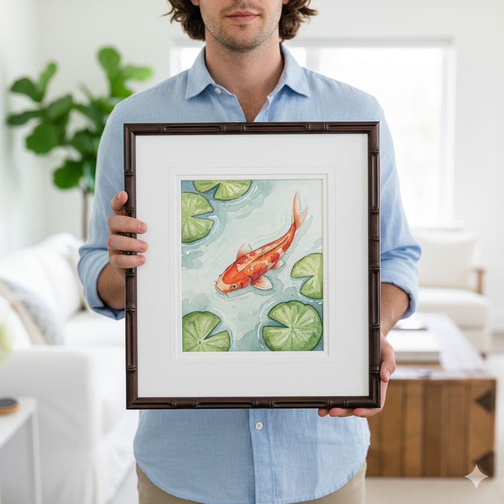 Bamboo Frame showcasing koi fish botanical watercolor print held by customer in contemporary living room with natural organic decor