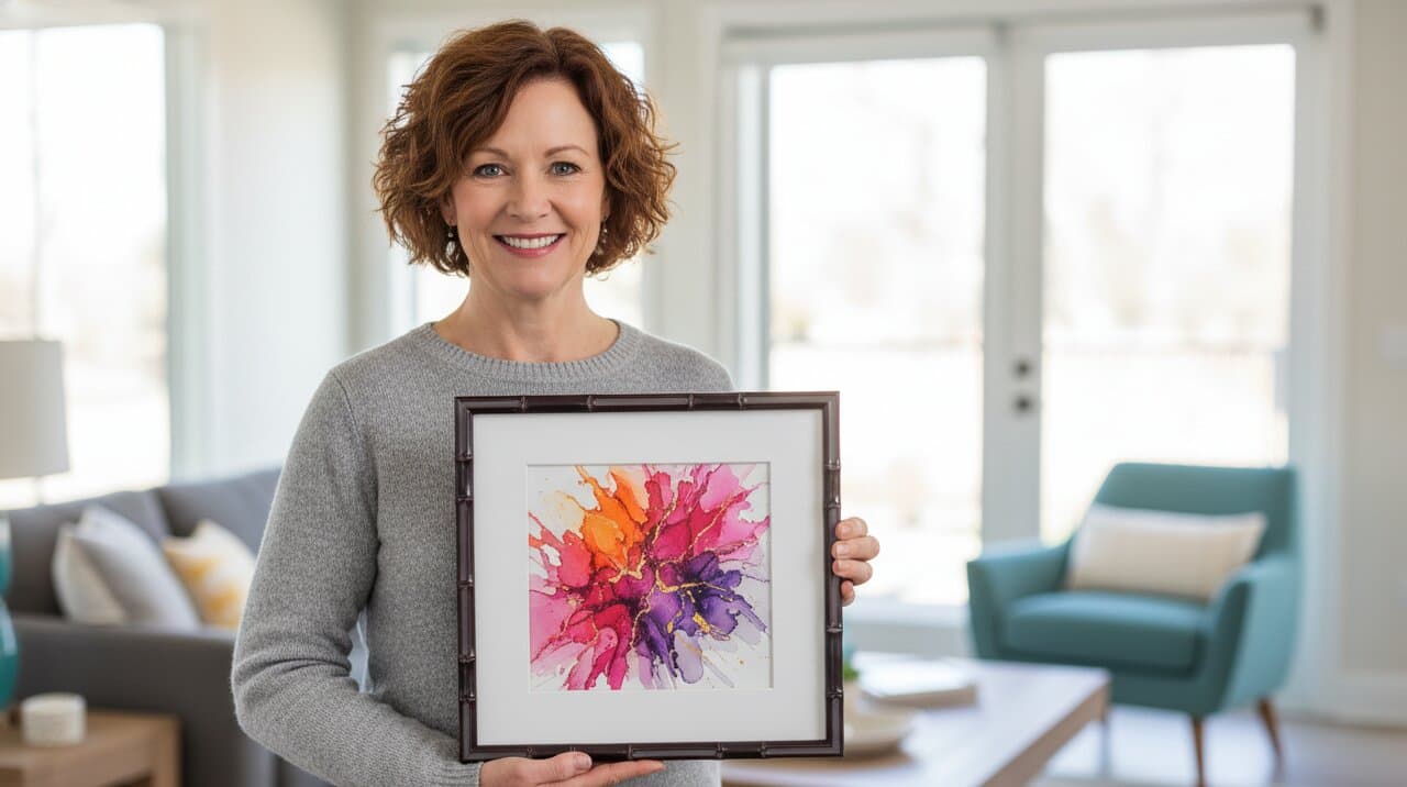 Woman in gray sweater holds Bamboo Frame with white mat displaying vibrant alcohol ink floral art in magenta, orange, pink, and purple hues in bright contemporary living room with teal armchair demonstrating picture framing for bold watercolor artwork