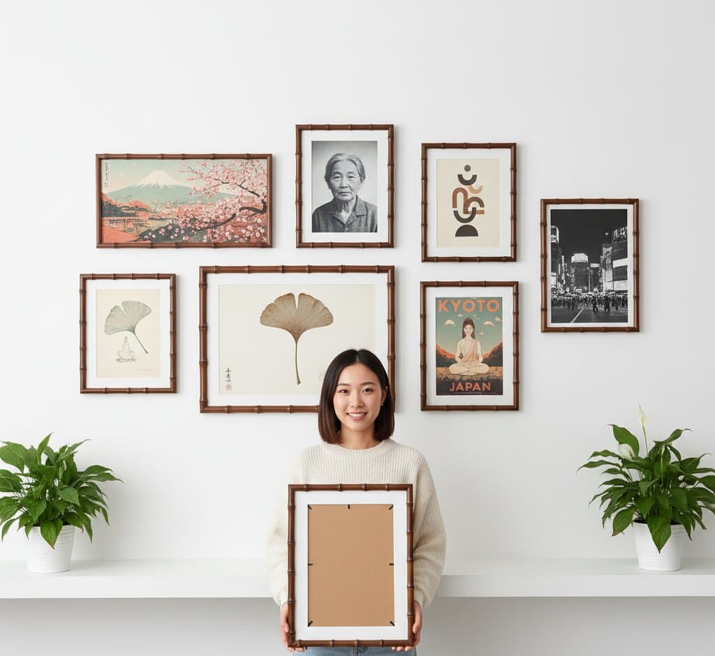 Woman in cream cable-knit sweater holds oversized Bamboo Frame displaying large golden ginkgo leaf botanical illustration in front of curated gallery wall featuring Japanese Mt. Fuji with cherry blossoms, vintage portrait, abstract shapes in terracotta and navy, Kyoto Japan travel poster, and monochrome cityscape flanked by potted peace lily plants showcasing Asian-inspired picture framing