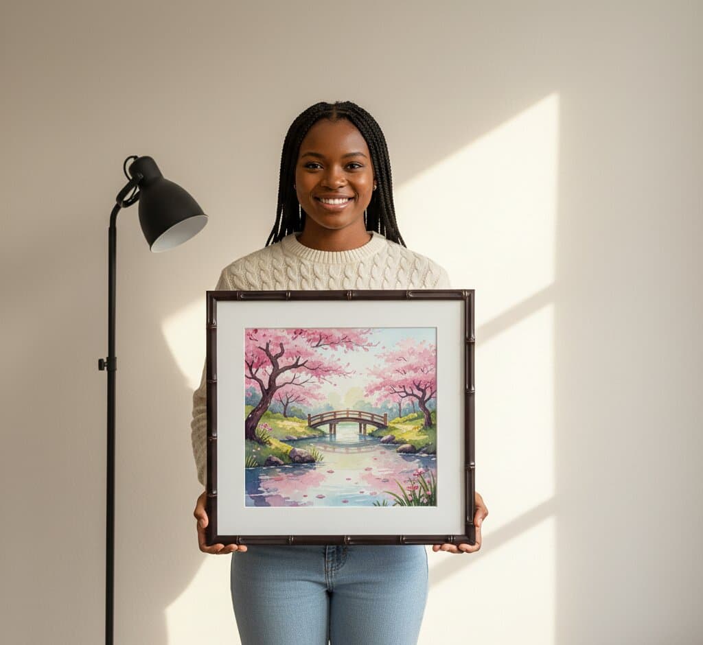 Woman in cream cable-knit sweater holds Bamboo Frame with white mat displaying serene Japanese cherry blossom bridge watercolor painting featuring pink blossoms, reflecting pond, and traditional wooden bridge in soft natural window lighting against neutral wall with black desk lamp demonstrating picture framing for tranquil landscape art