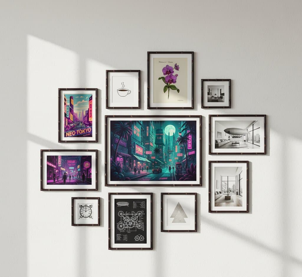 Sophisticated asymmetric gallery wall featuring eleven Bamboo Frame displaying vibrant Neo-Tokyo cyberpunk cityscape poster, purple orchid botanical vintage print, simple coffee cup line art, monochrome architecture photography, futuristic neon street scene, mechanical clock sketch, geometric triangle art, and steampunk blueprint surrounded by dramatic window light showcasing eclectic art collection in contemporary interior
