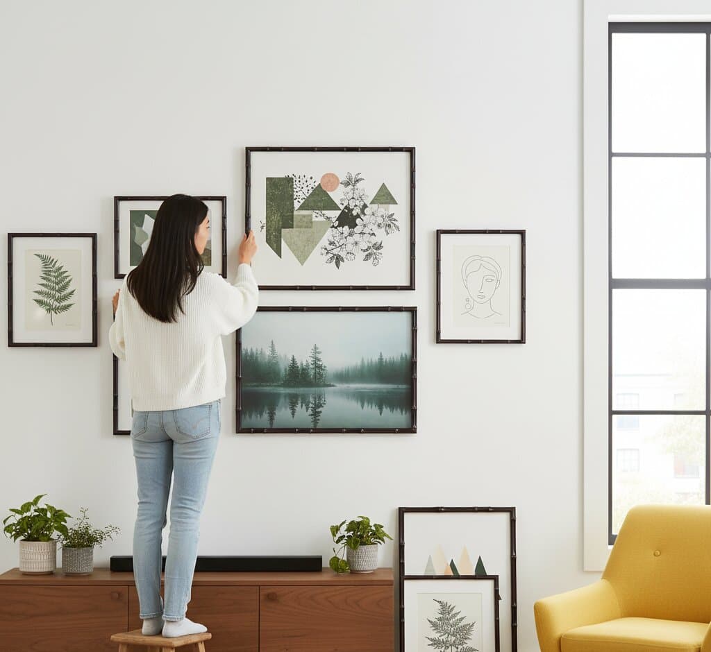 Woman in white ribbed sweater adjusting Bamboo Frame on asymmetric stairway gallery wall featuring six frames displaying mixed-media geometric collage with olive and pink triangles, misty forest lake landscape photograph, fern botanical illustration, minimalist portrait line drawing, and mountain geometric shapes above walnut credenza with potted plants and mustard armchair demonstrating professional gallery wall installation