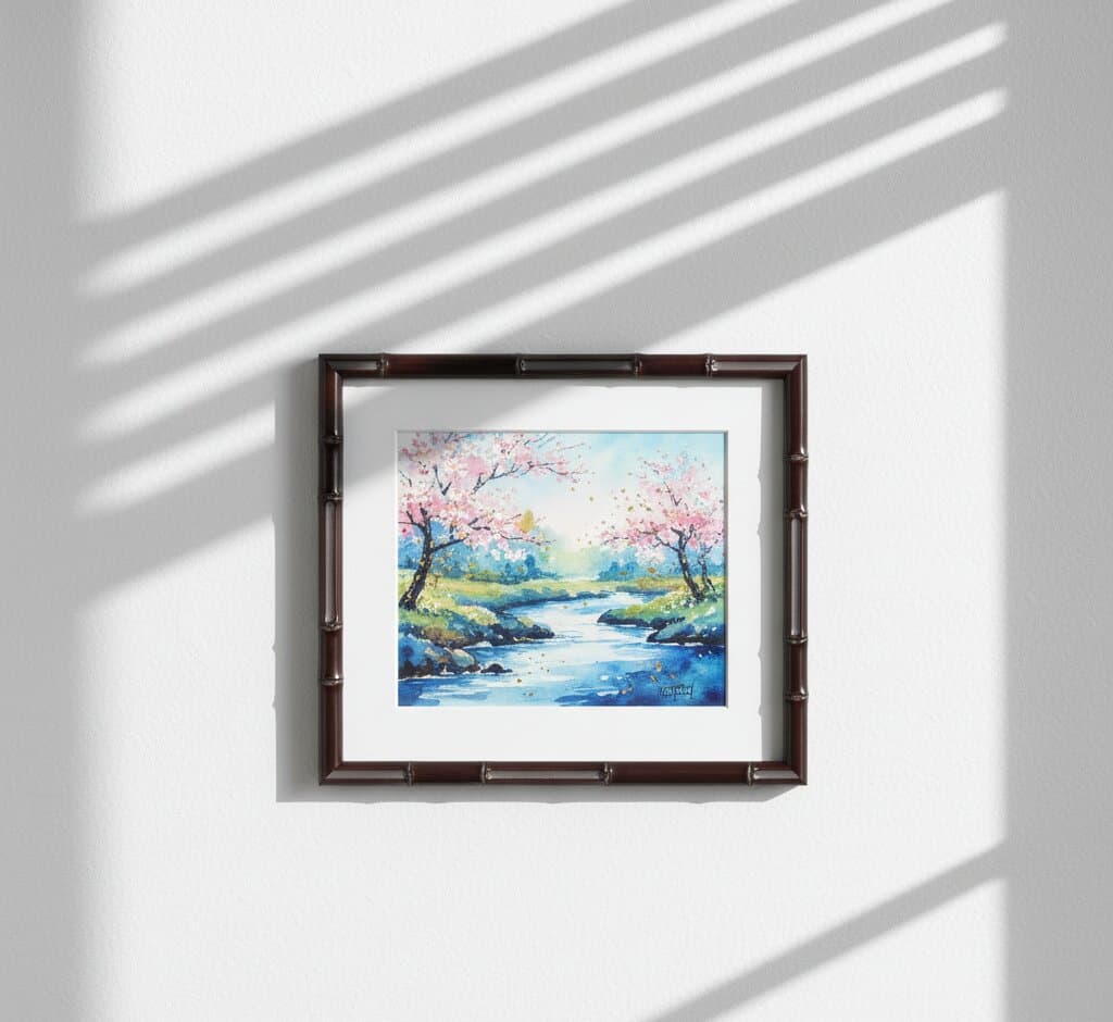 Bamboo Frame with white mat displaying serene watercolor painting of cherry blossom trees reflecting in peaceful blue stream mounted on textured white wall in dramatic diagonal sunlight shadow pattern showcasing natural bamboo texture tailored for Asian-inspired tranquil landscape artwork