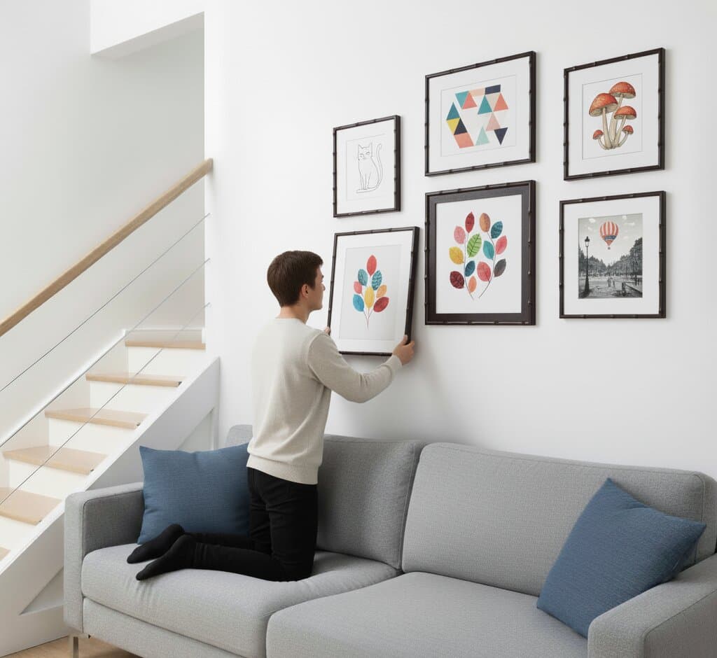 Man kneeling on gray sofa adjusting stairway gallery wall of six Bamboo Frame displaying watercolor botanical leaves in rainbow colors, minimalist cat line drawing, colorful geometric triangles, vintage botanical mushroom illustration, and hot air balloon landscape in bright contemporary living room demonstrating versatile natural frame styling for eclectic art collections
