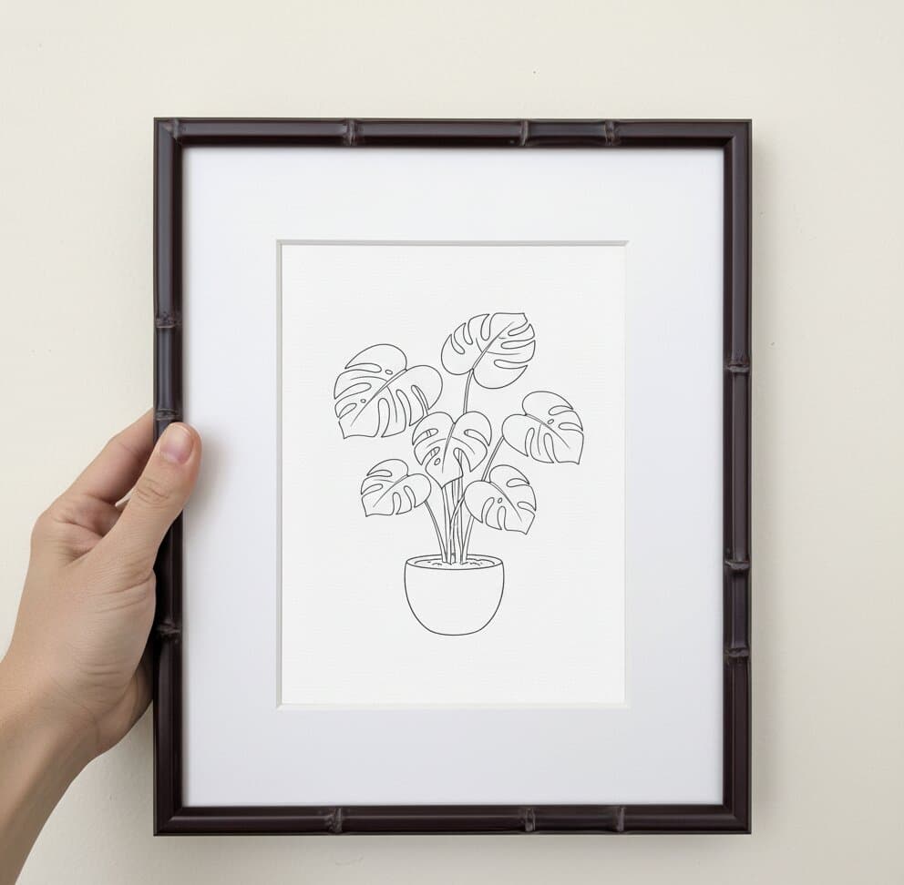 Hand holding Bamboo Frame with generous white mat displaying minimalist single-line monstera leaf botanical illustration against soft neutral background demonstrating clean picture framing for contemporary plant art and simple line drawings with natural organic frame texture
