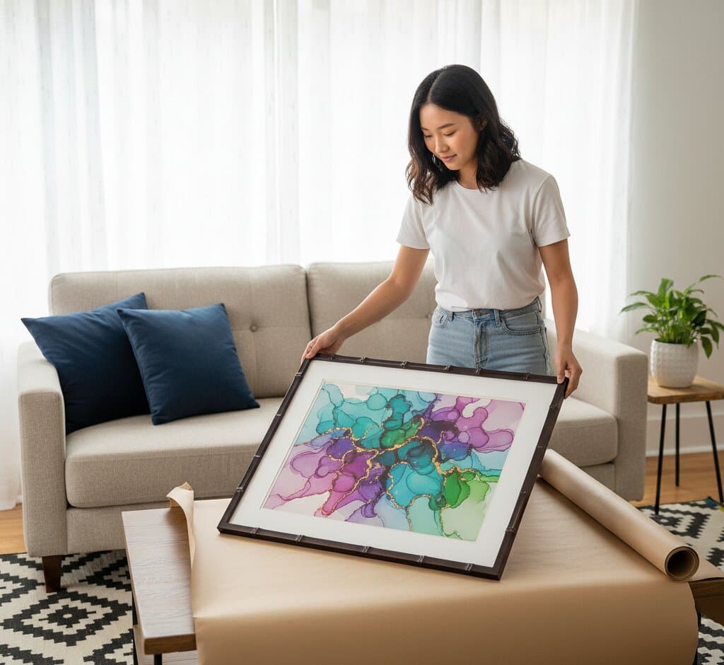 Woman in white t-shirt carefully positions large Bamboo Frame displaying vibrant alcohol ink abstract art in turquoise, purple, pink, emerald, and gold metallic tones above beige tufted sofa with navy pillows, geometric black and white rug, and potted plant in bright minimalist living room demonstrating professional art installation for contemporary fluid artwork